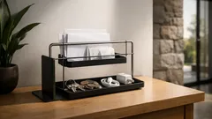 DIY organizer meja murah: stand kain + tray untuk kunci, charger, dan surat