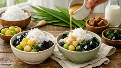 Resep es bola tape dan cincau rumahan yang lembut, wangi pandan, dan nggak enek